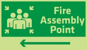 Fire assembly point sign with right arrow