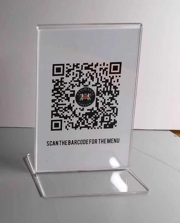 Standard acrylic menu holder with QR code insert