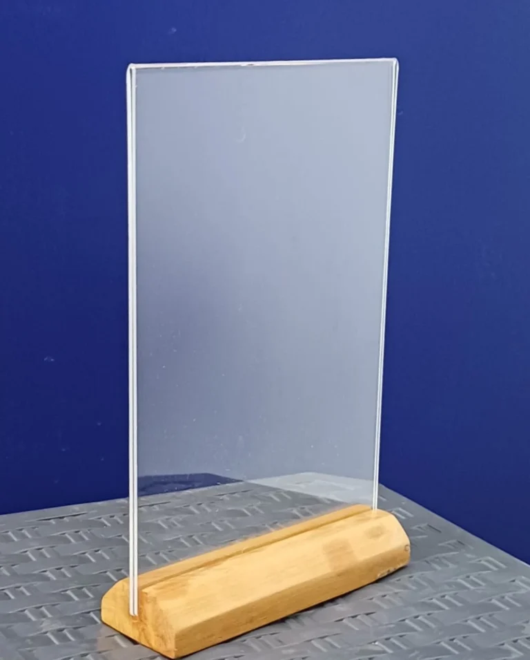 Acrylic menu holder with wood base
