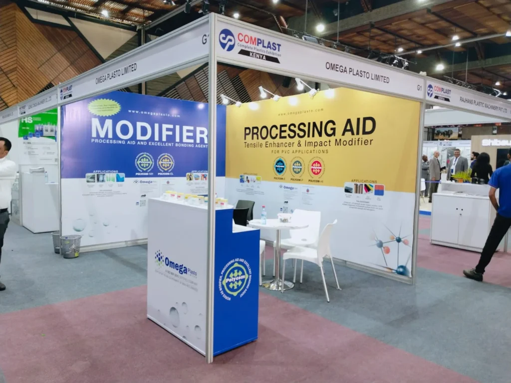 Signage and branding on an exhibition booth.