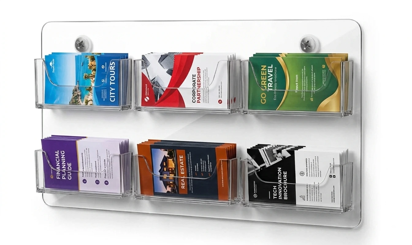 Wall mounted acrylic leaflet holder fitted in a clinic waiting area