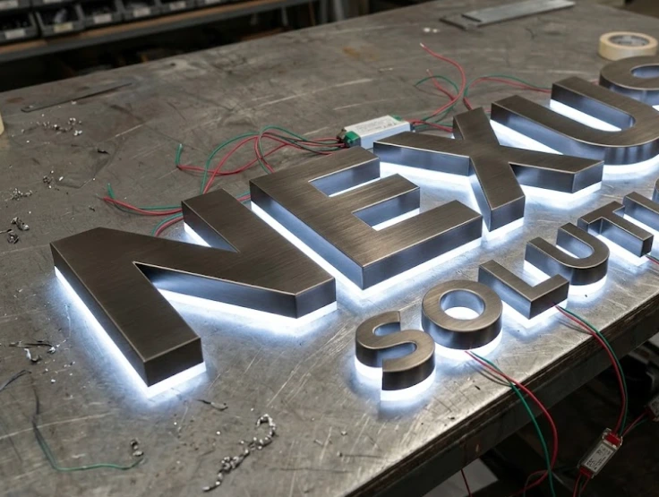 Halo-lit 3D stainless steel sign by Flexrad